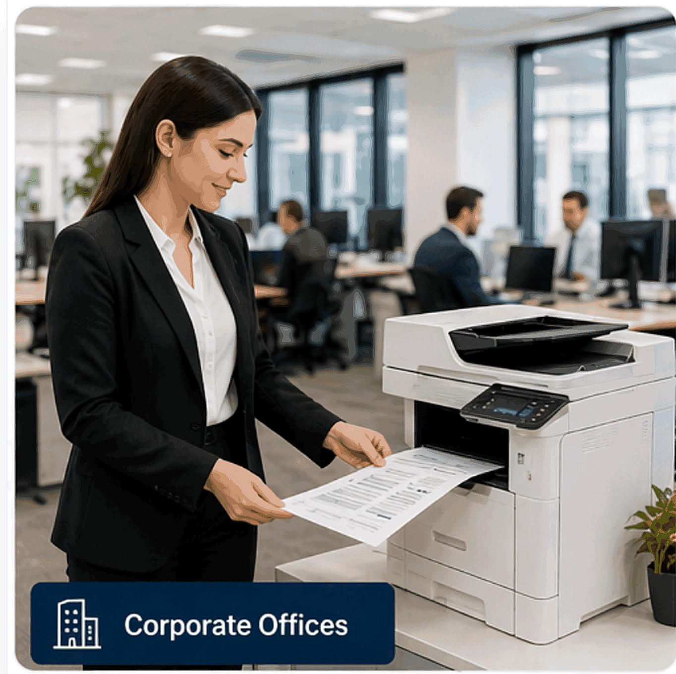 Office worker collecting printed pages from a corporate multi-function printer