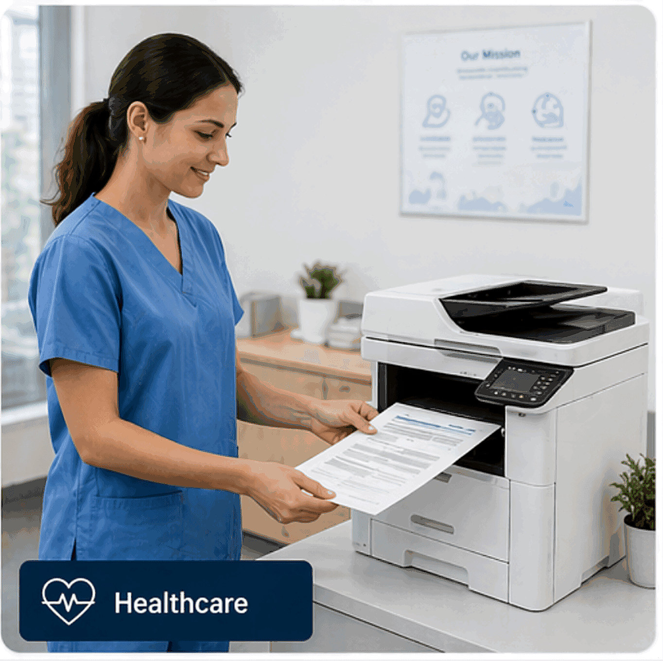 Healthcare professional in scrubs using a multi-function printer to print a patient form