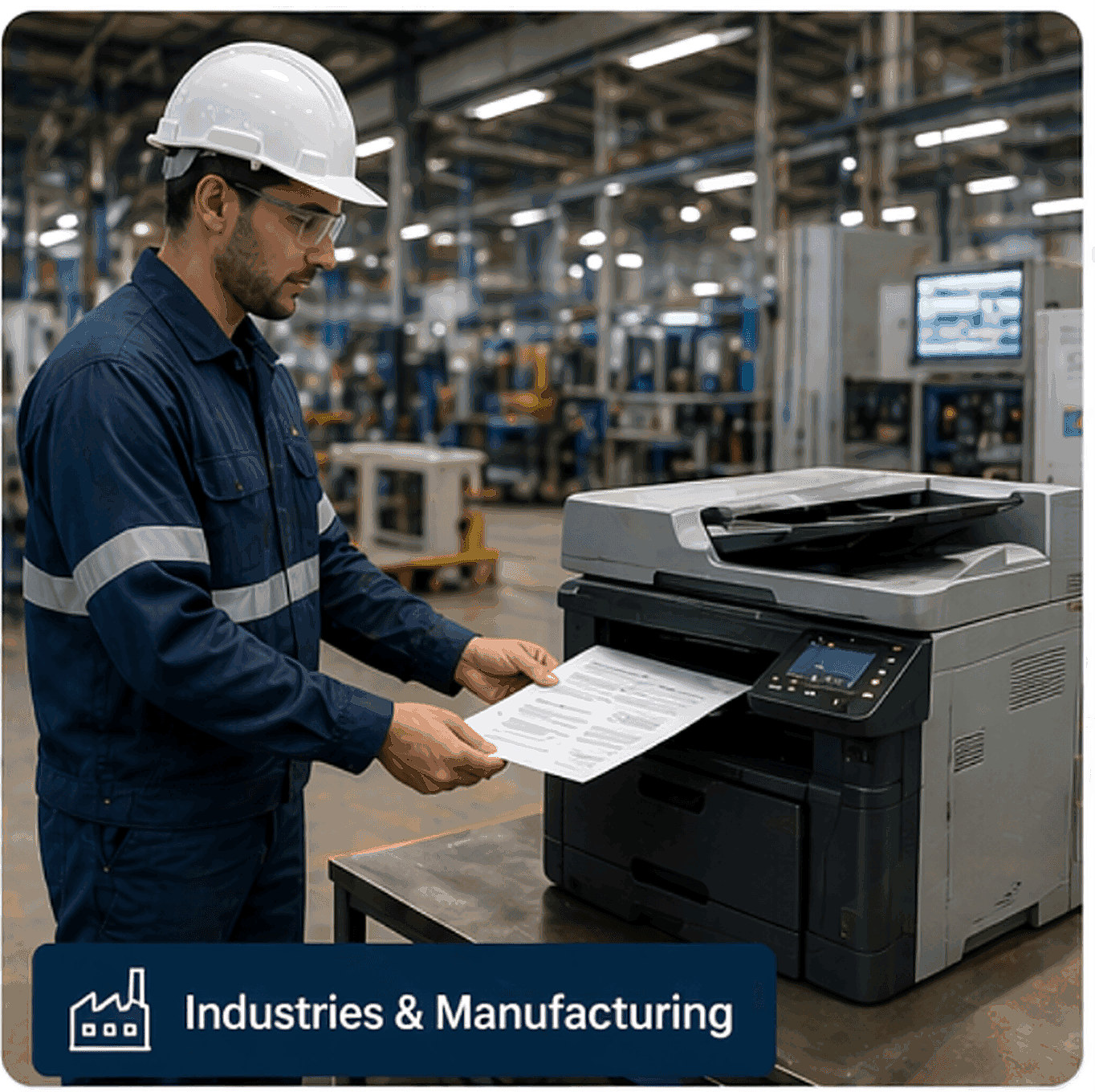 Technician at an industrial multi-function printer in a manufacturing facility