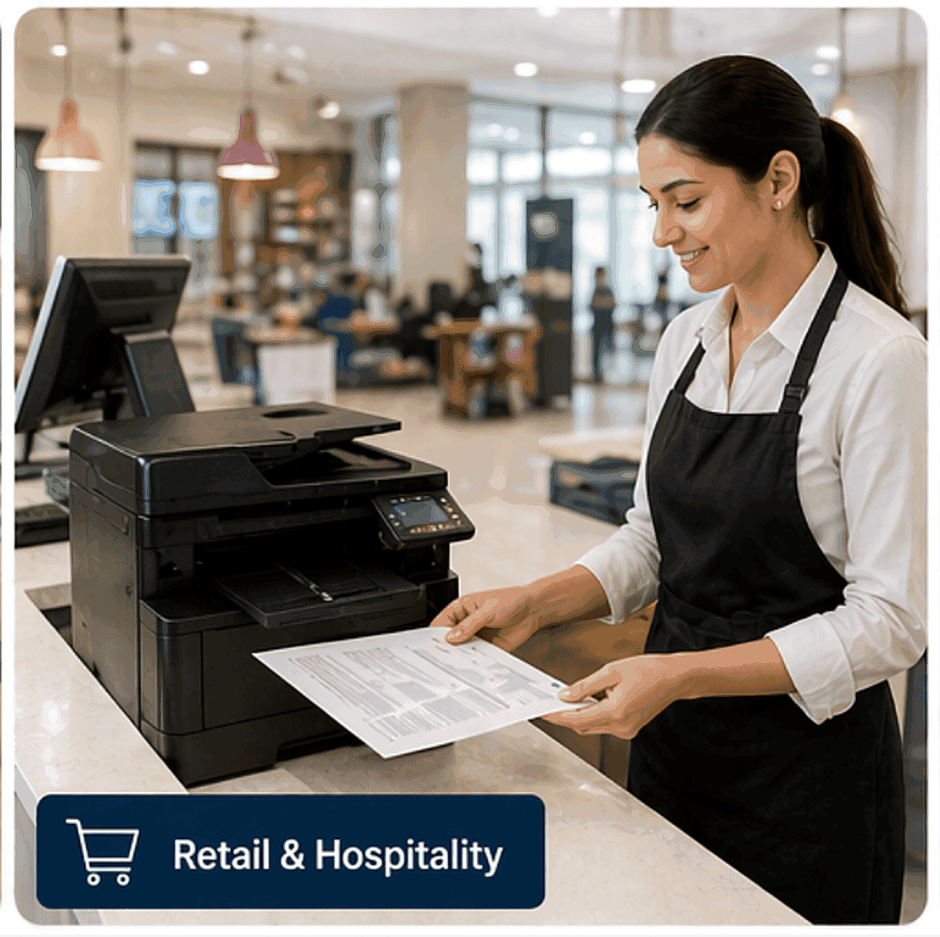 Retail clerk printing a receipt at a point-of-sale counter