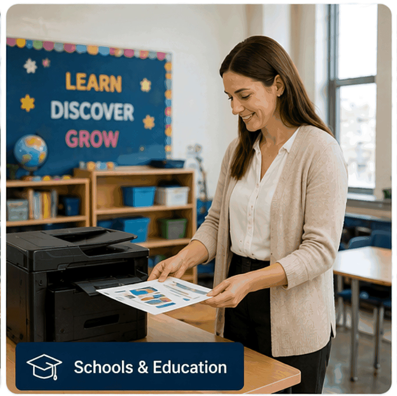 Teacher printing colorful classroom worksheets in a school setting