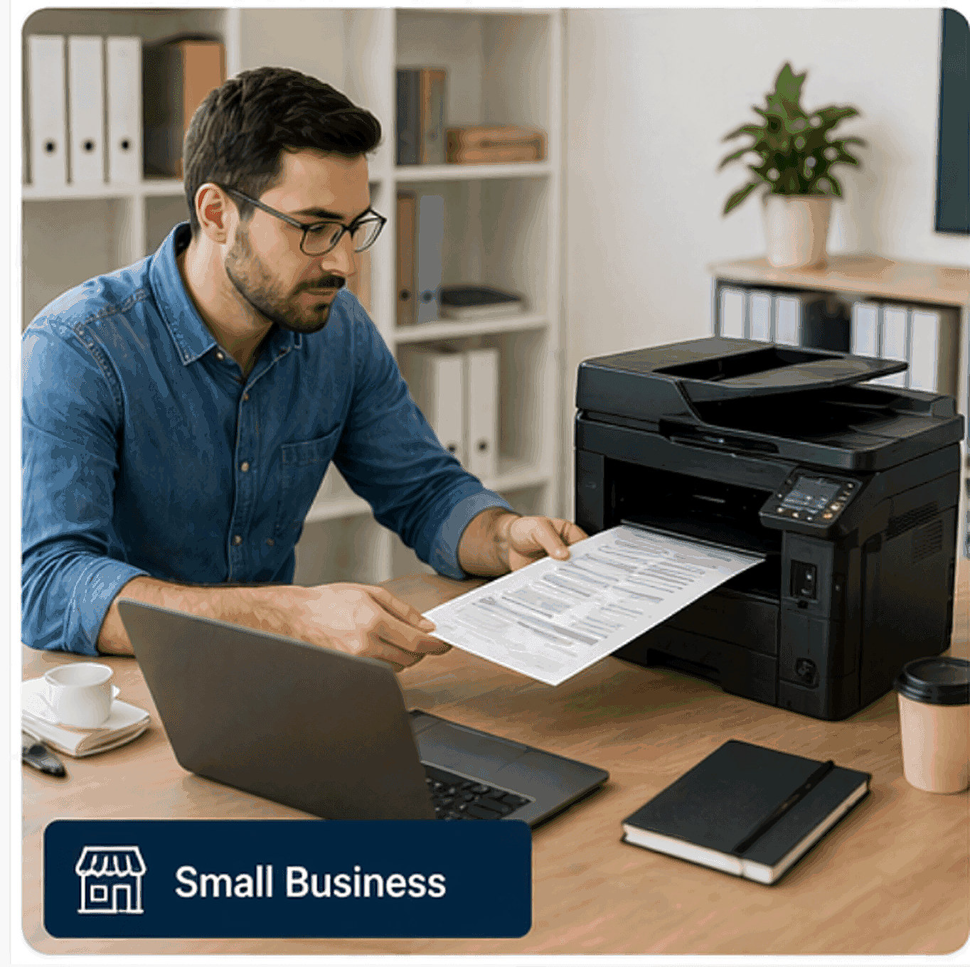 Small business owner reviewing a printed invoice next to a desktop multi-function printer