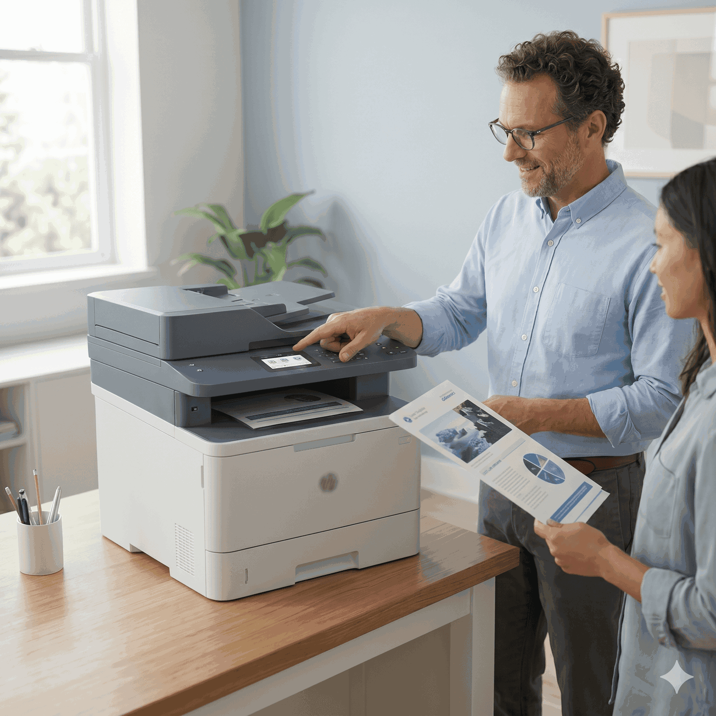 Office multifunction printer in a modern workspace